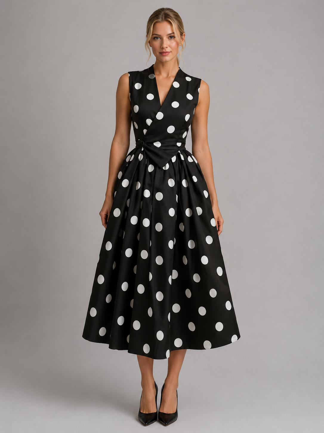 Women's Polka Dot Midi Dress with V-Neck