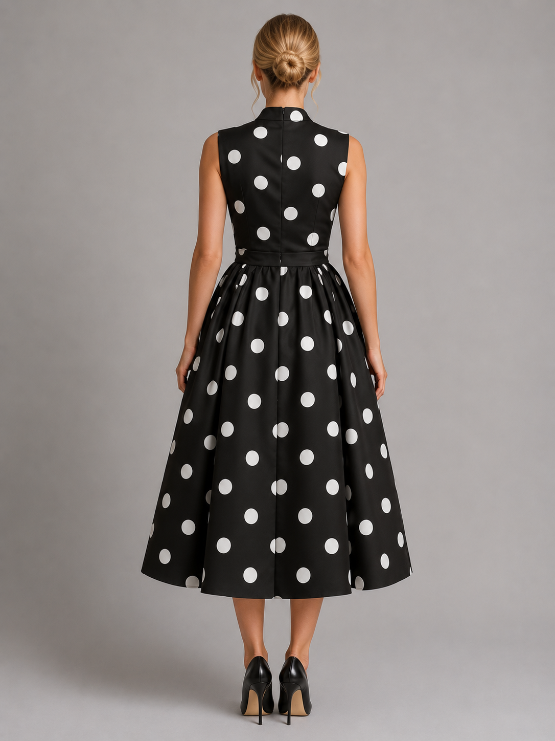 Women's Polka Dot Midi Dress with V-Neck