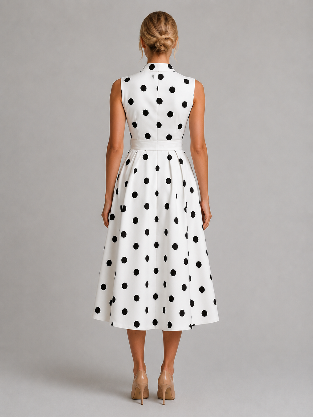 Women's Polka Dot Midi Dress with V-Neck