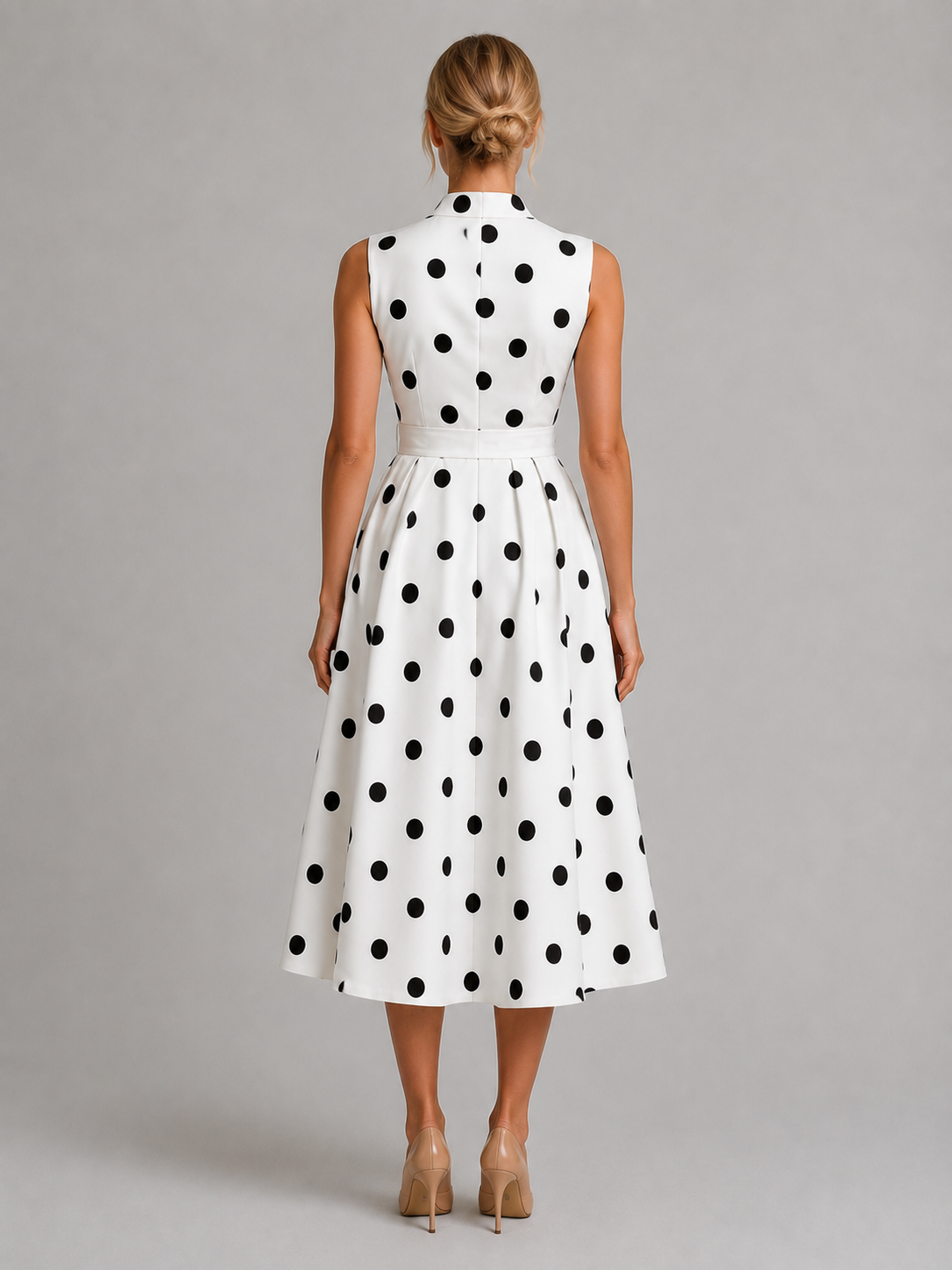 Women's Polka Dot Midi Dress with V-Neck