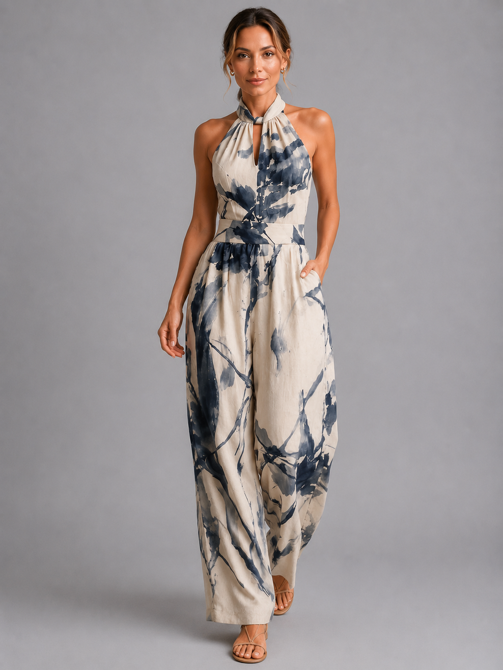 Women's Printed Wide-Leg Jumpsuit with Halter Neckline