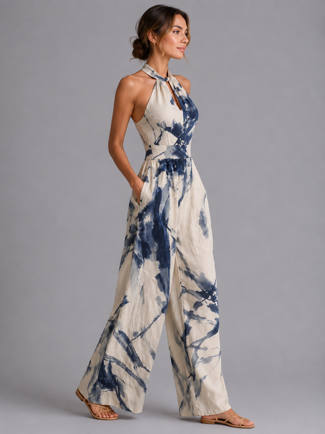 Women's Printed Wide-Leg Jumpsuit with Halter Neckline