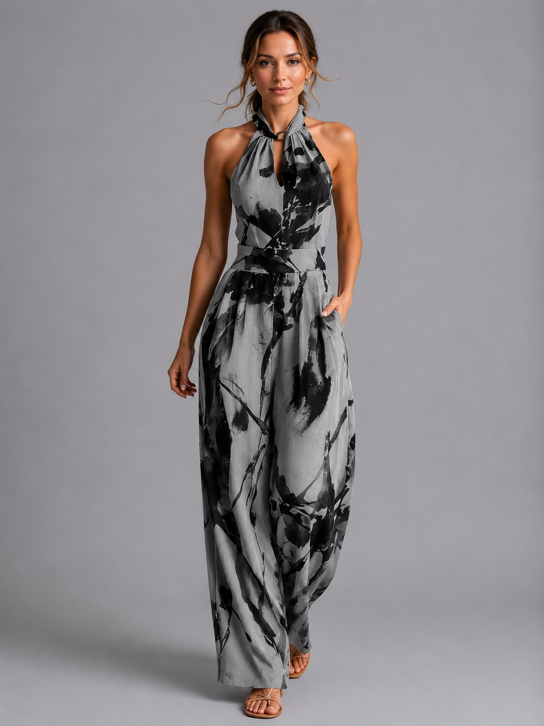 Women's Printed Wide-Leg Jumpsuit with Halter Neckline