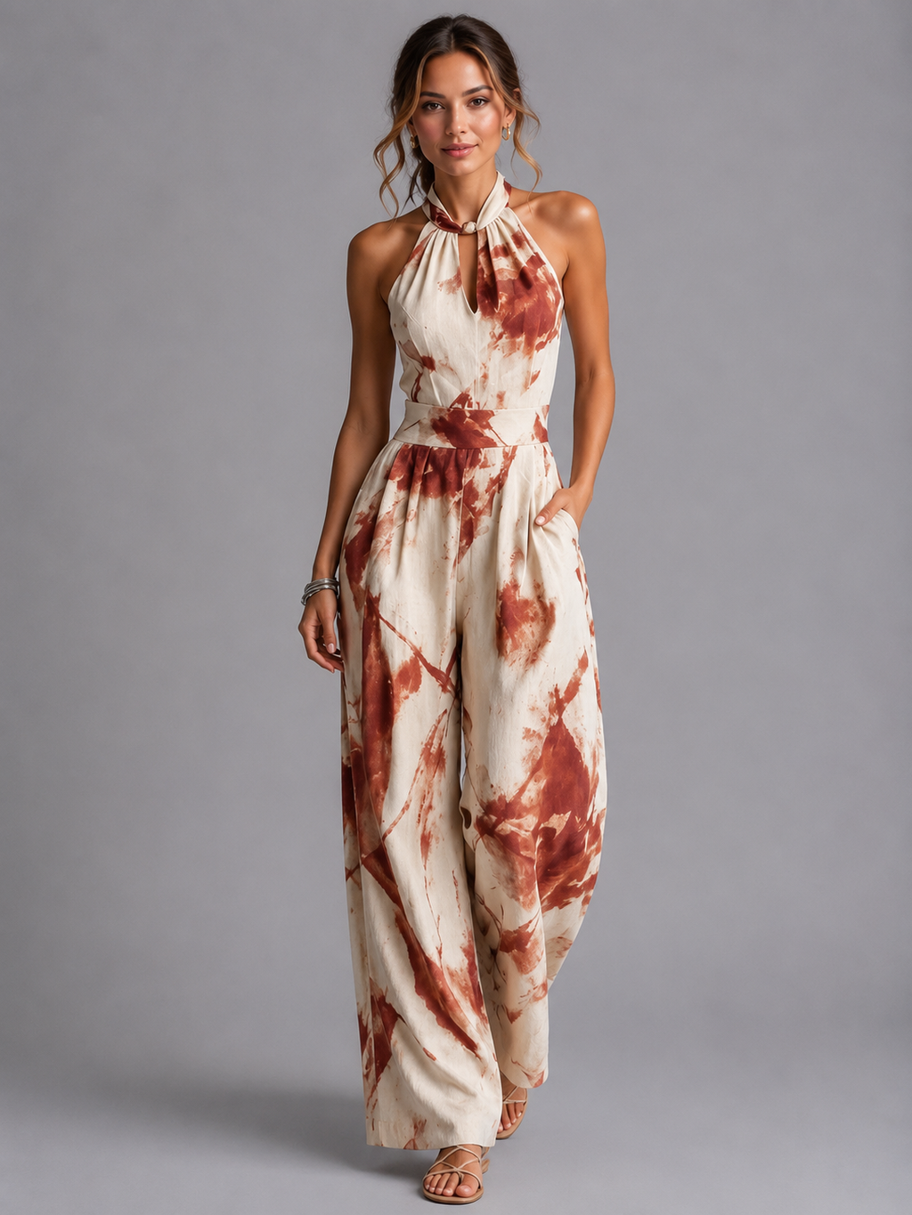 Women's Printed Wide-Leg Jumpsuit with Halter Neckline