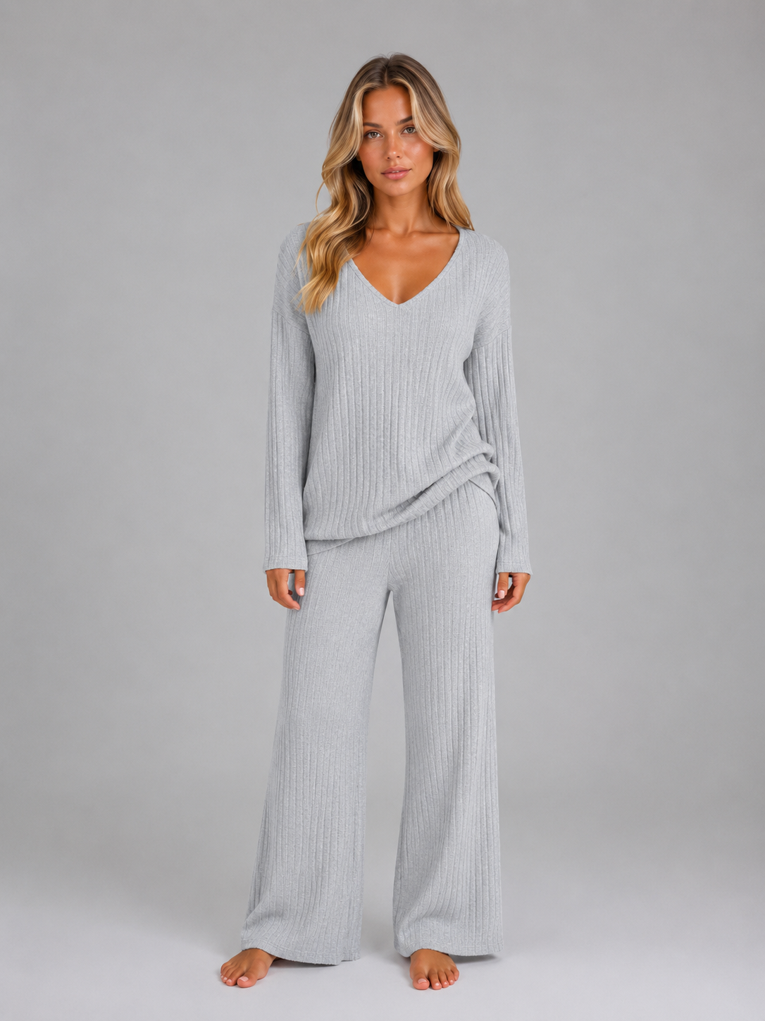 Women's Ribbed Knit V-Neck Lounge Set