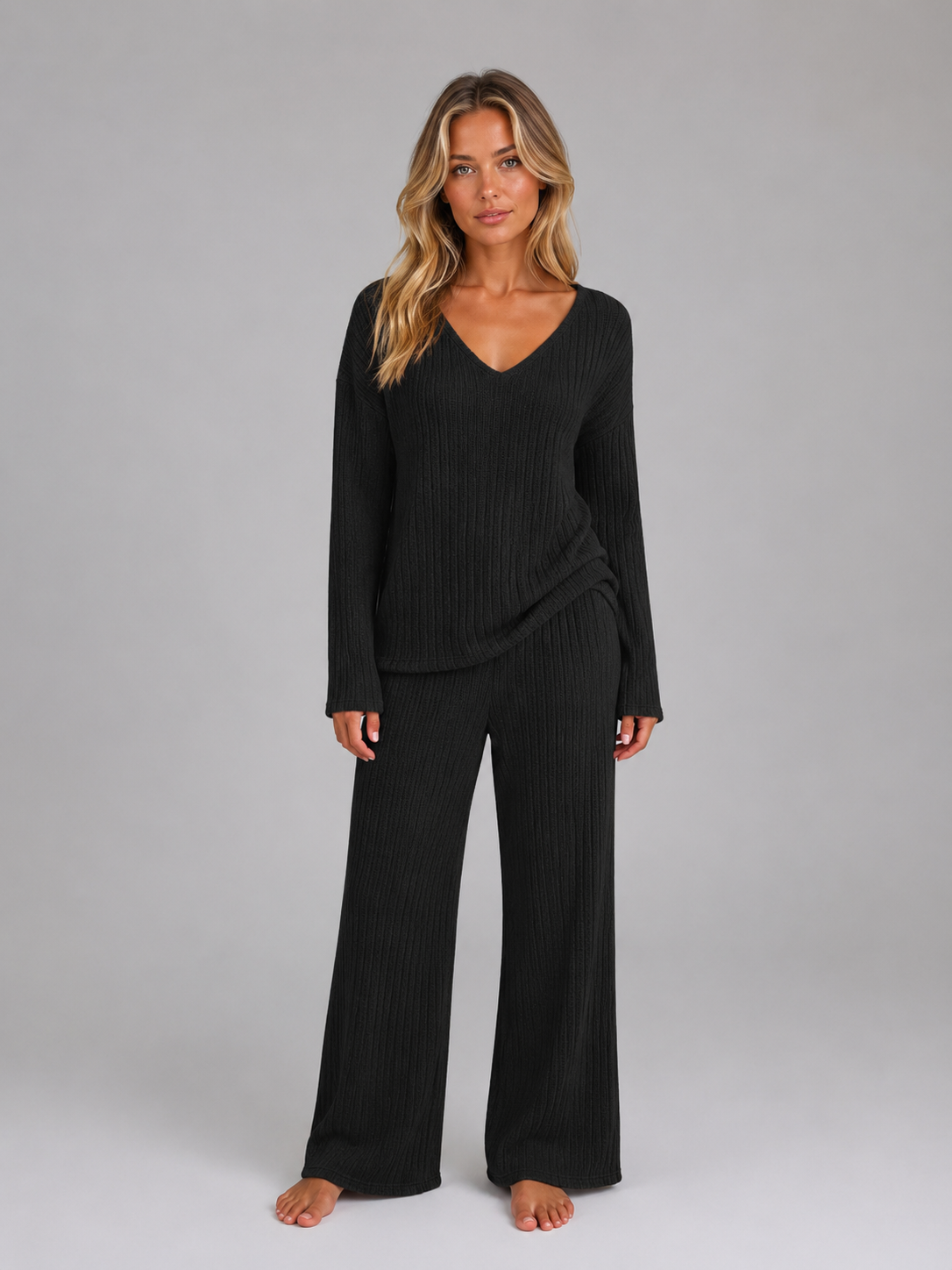 Women's Ribbed Knit V-Neck Lounge Set