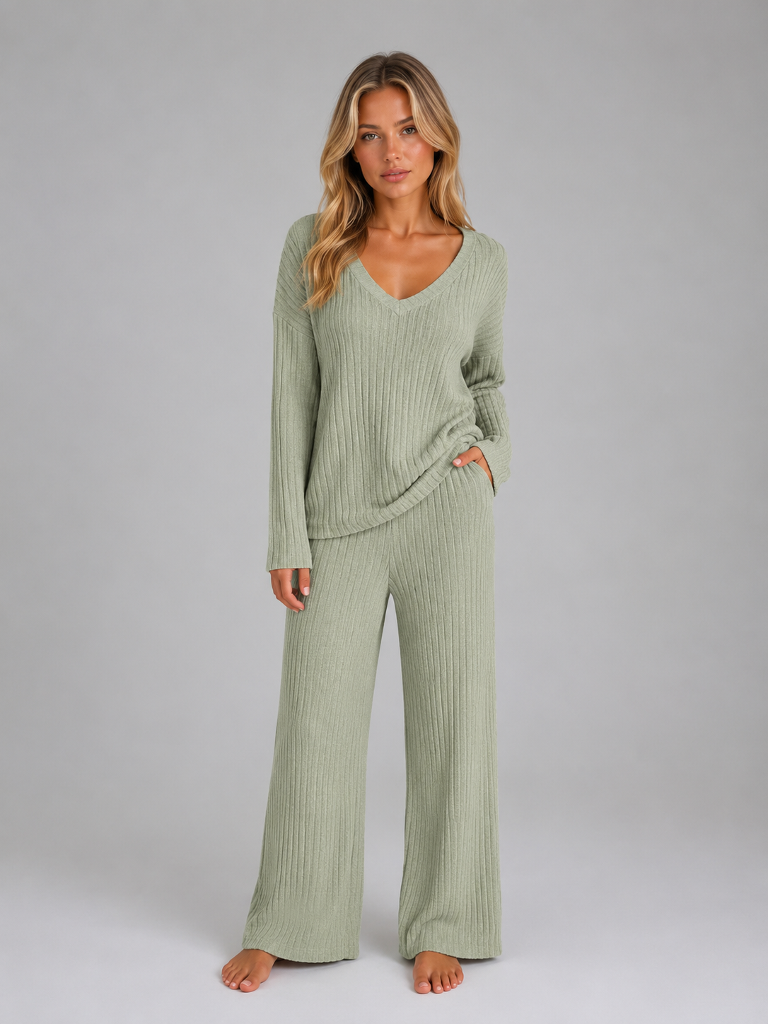 Women's Ribbed Knit V-Neck Lounge Set