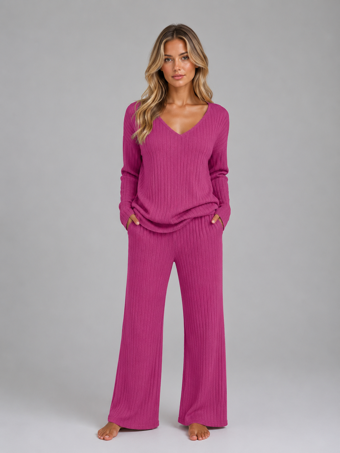 Women's Ribbed Knit V-Neck Lounge Set