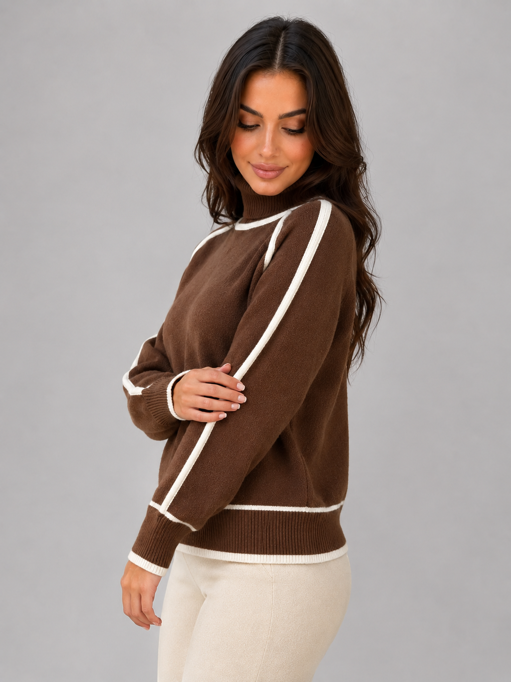 Women's Roll Neck Contrast-Trim Jumper