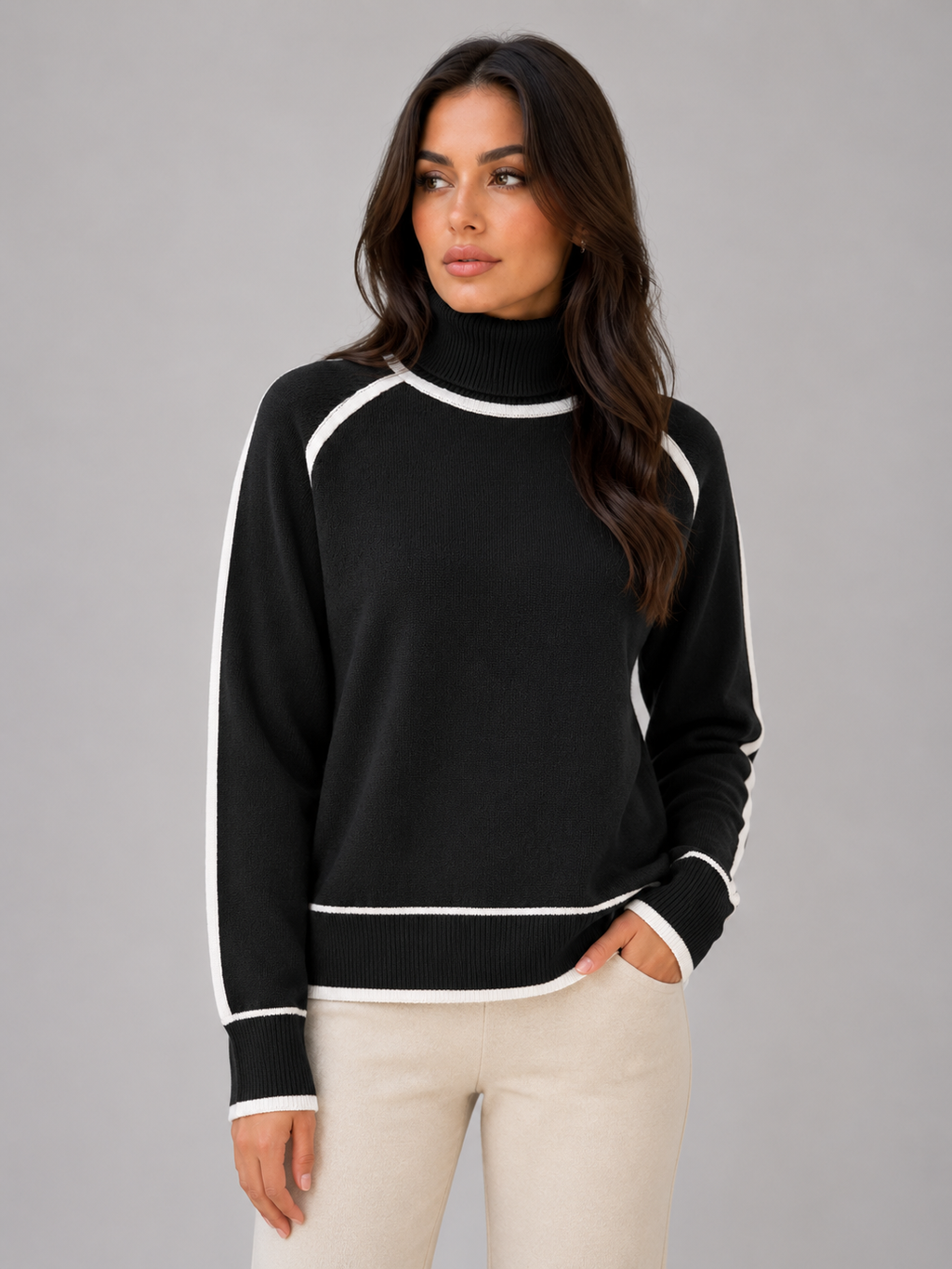 Women's Roll Neck Contrast-Trim Jumper