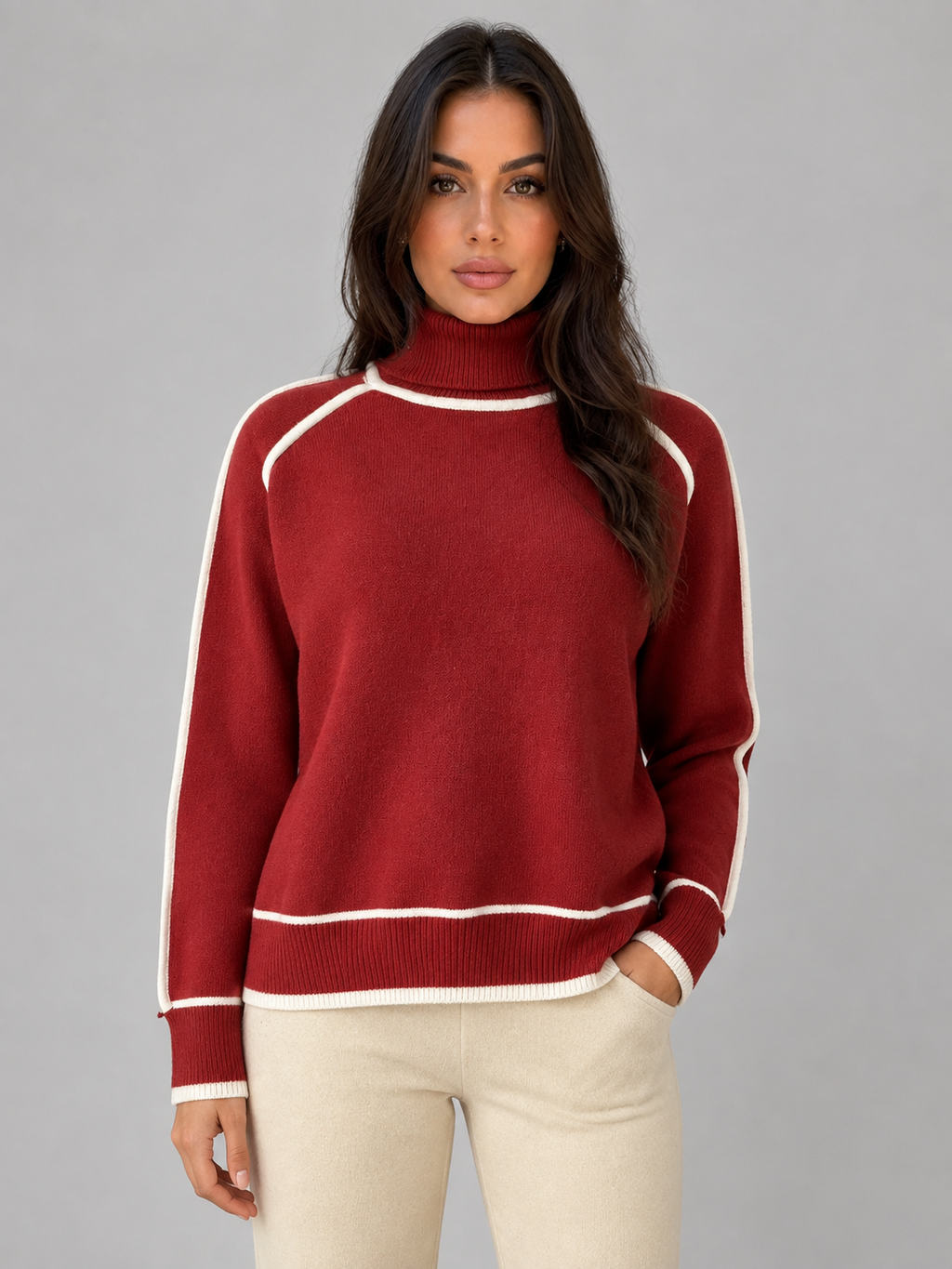 Women's Roll Neck Contrast-Trim Jumper