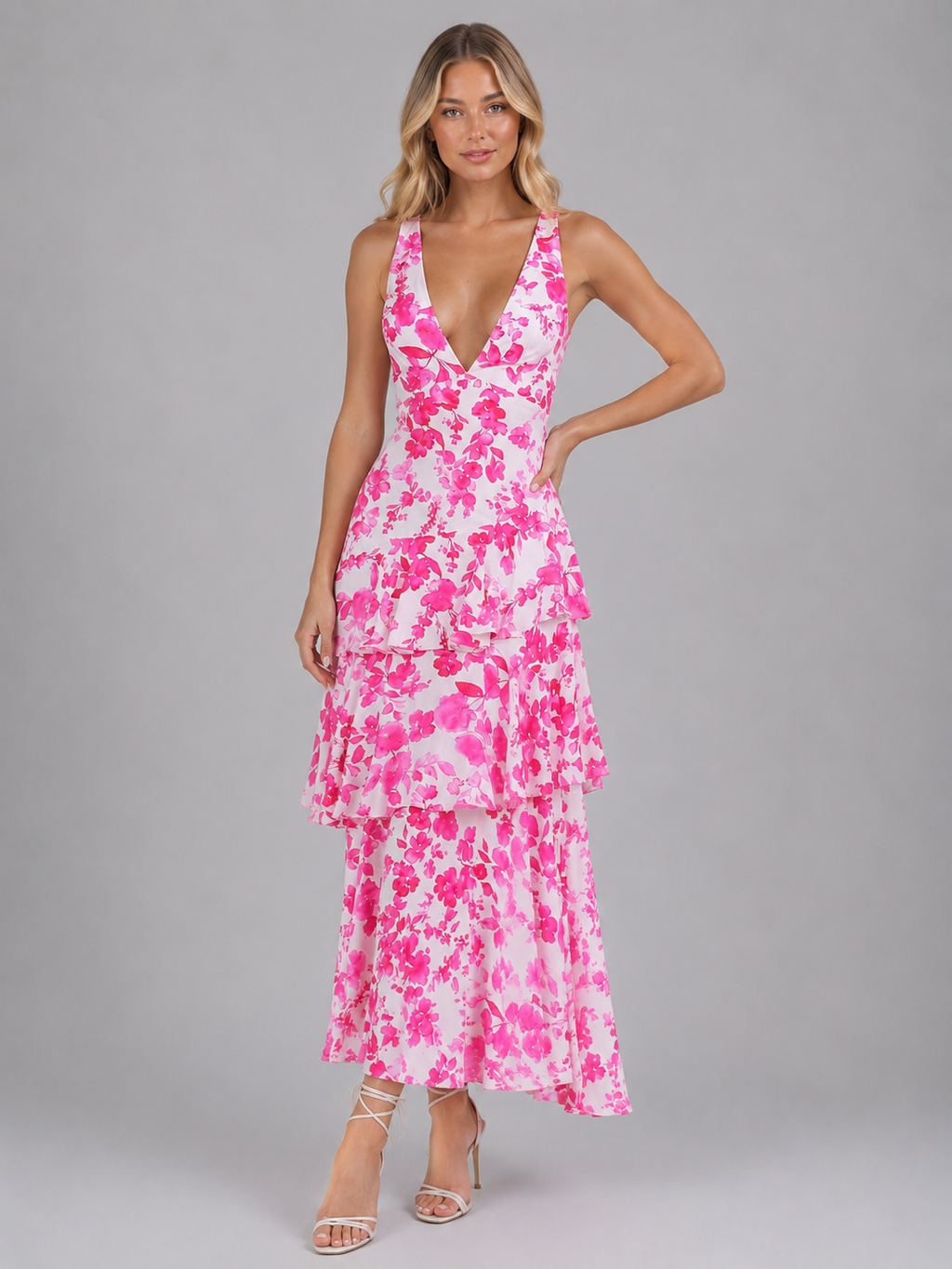 Women's Floral Chiffon Ruffle Maxi Dress