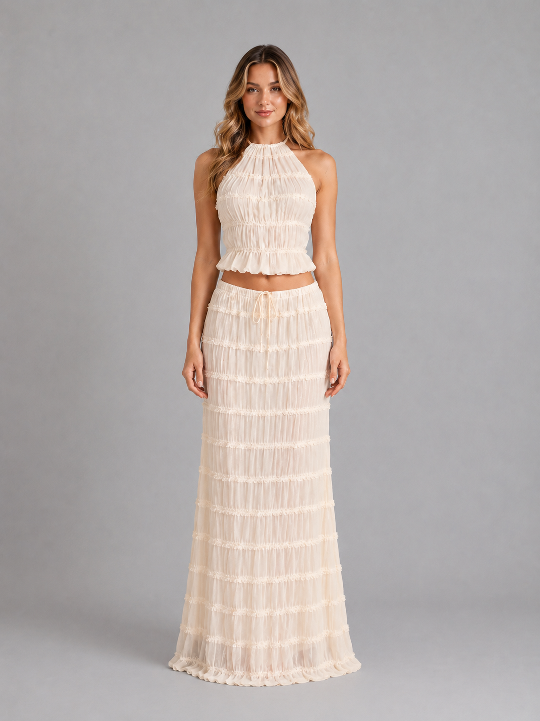 Women's Textured Two-Piece Halter Maxi Set