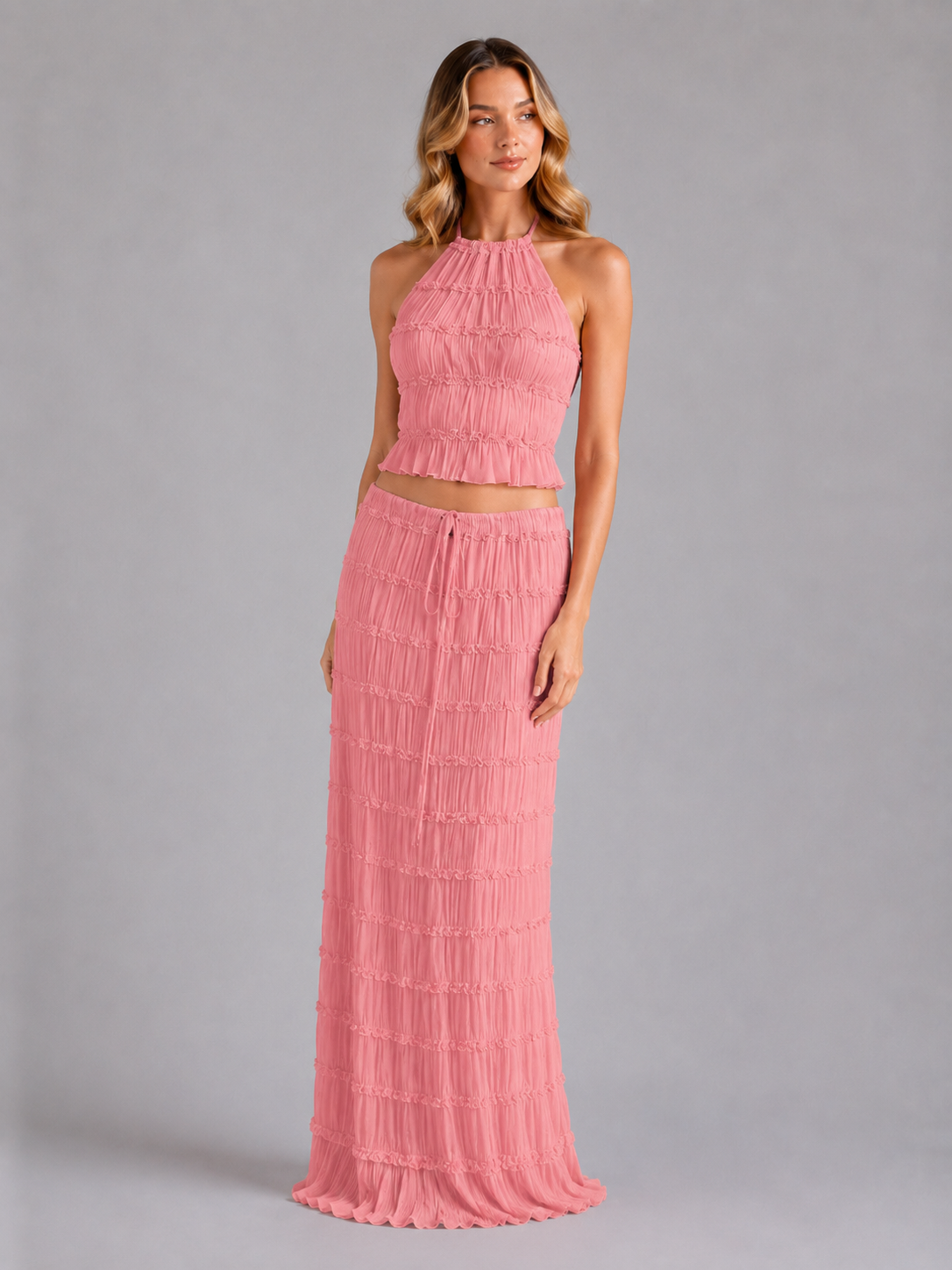 Women's Textured Two-Piece Halter Maxi Set