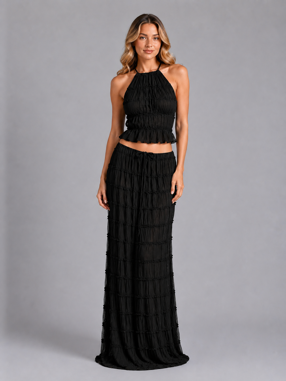 Women's Textured Two-Piece Halter Maxi Set