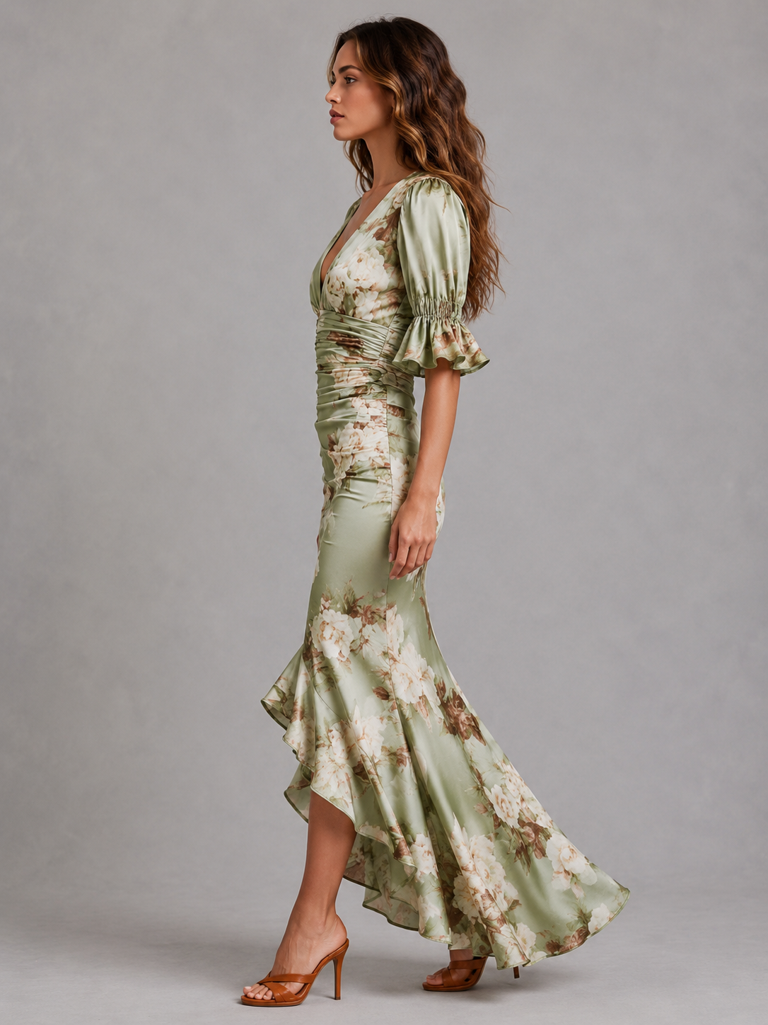 Women's Floral Maxi Dress with Ruched Waist Detail