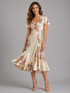 Women's Floral Midi Dress with Ruched Waist
