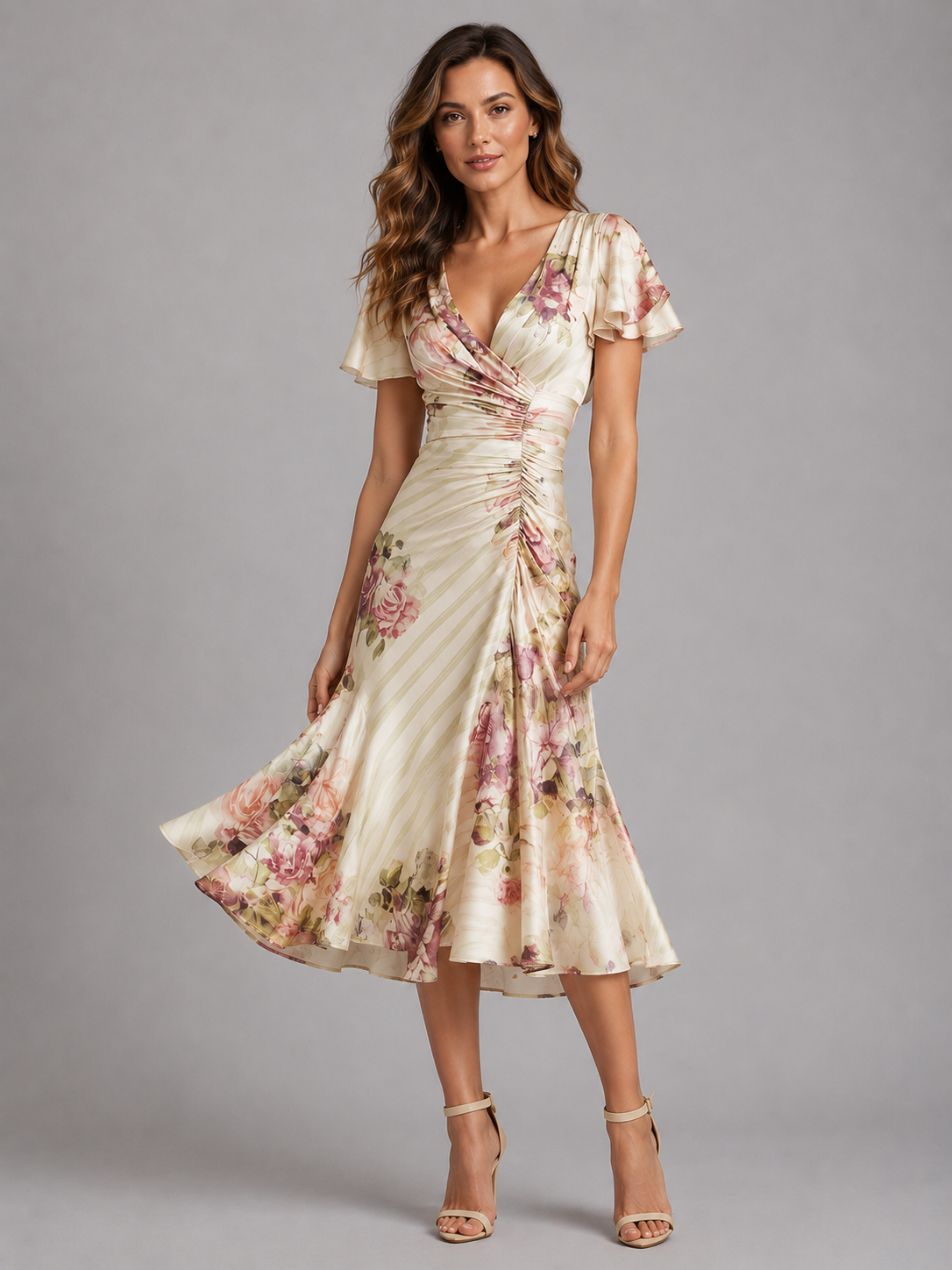 Women's Floral Midi Dress with Ruched Waist