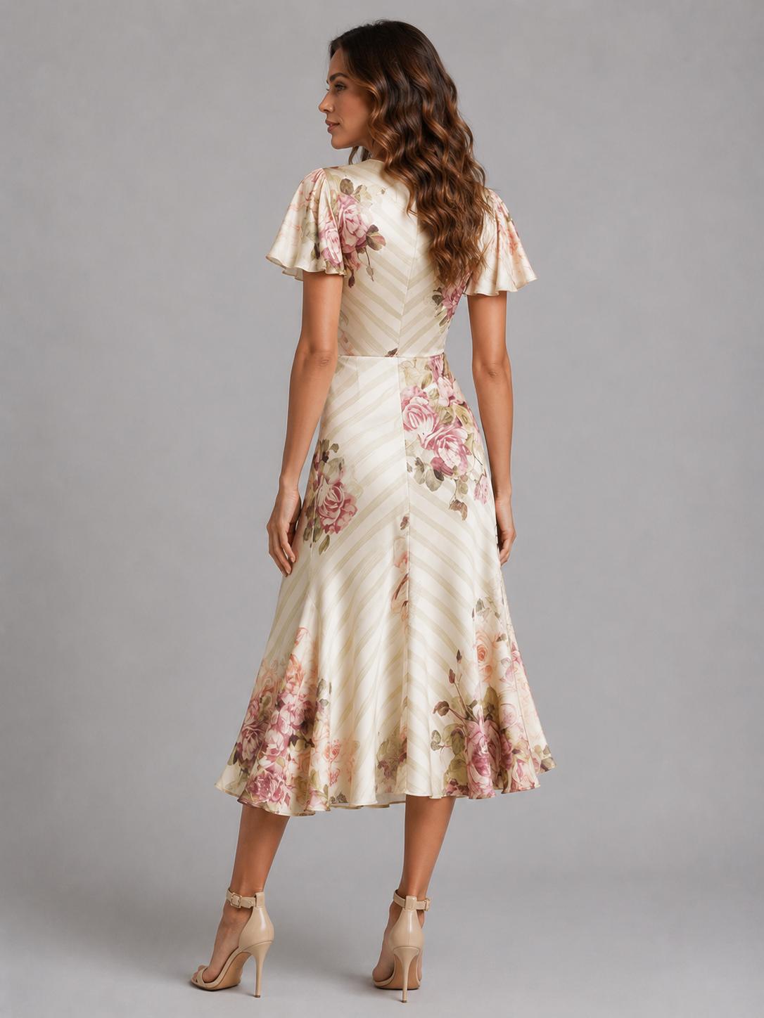 Women's Floral Midi Dress with Ruched Waist