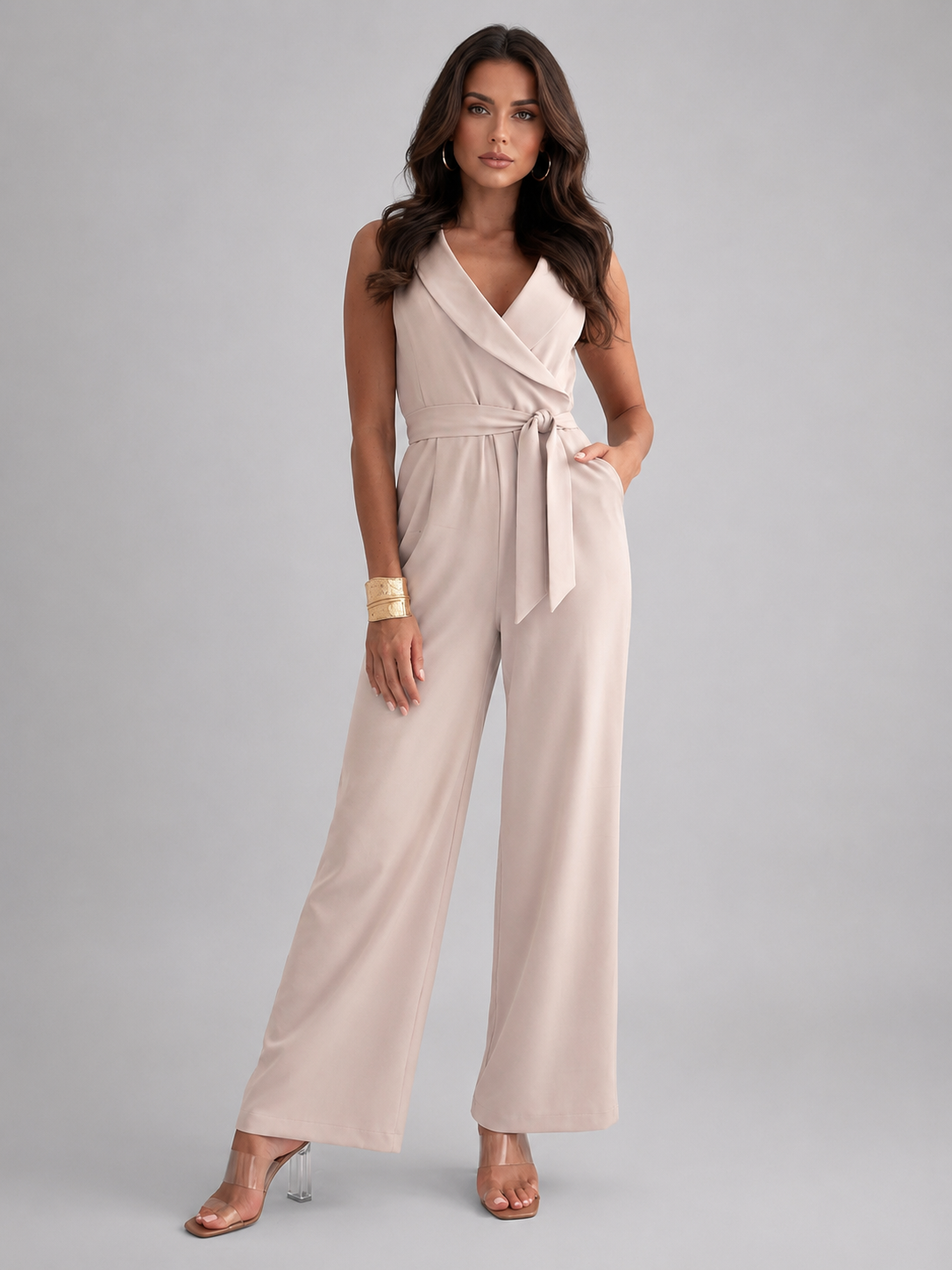 Women's Sleeveless Wide Leg Jumpsuit with Tie Waist