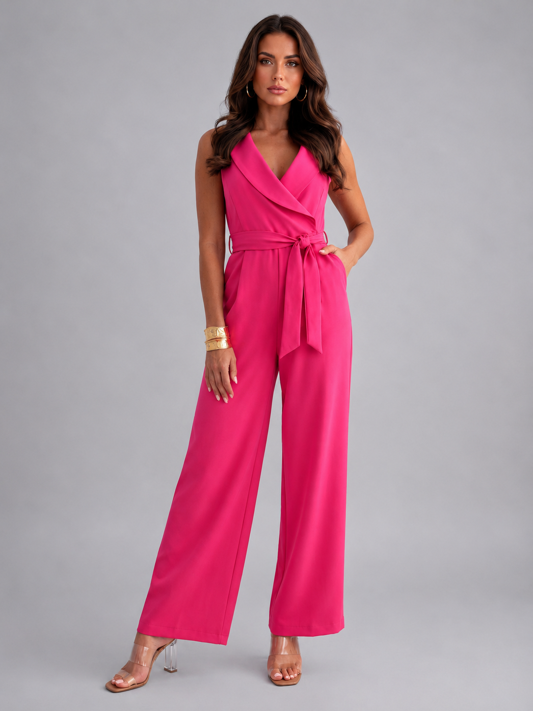 Women's Sleeveless Wide Leg Jumpsuit with Tie Waist