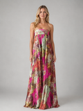 Women's Strapless Floral Maxi Dress – Flowing Smocked Bodice