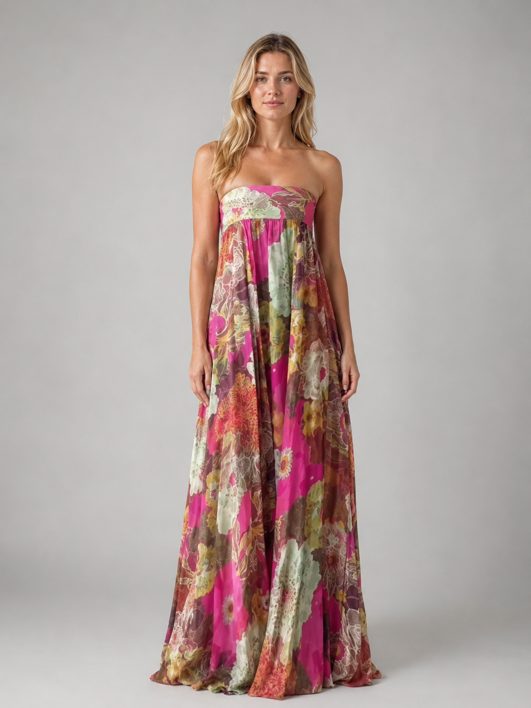 Women's Strapless Floral Maxi Dress – Flowing Smocked Bodice