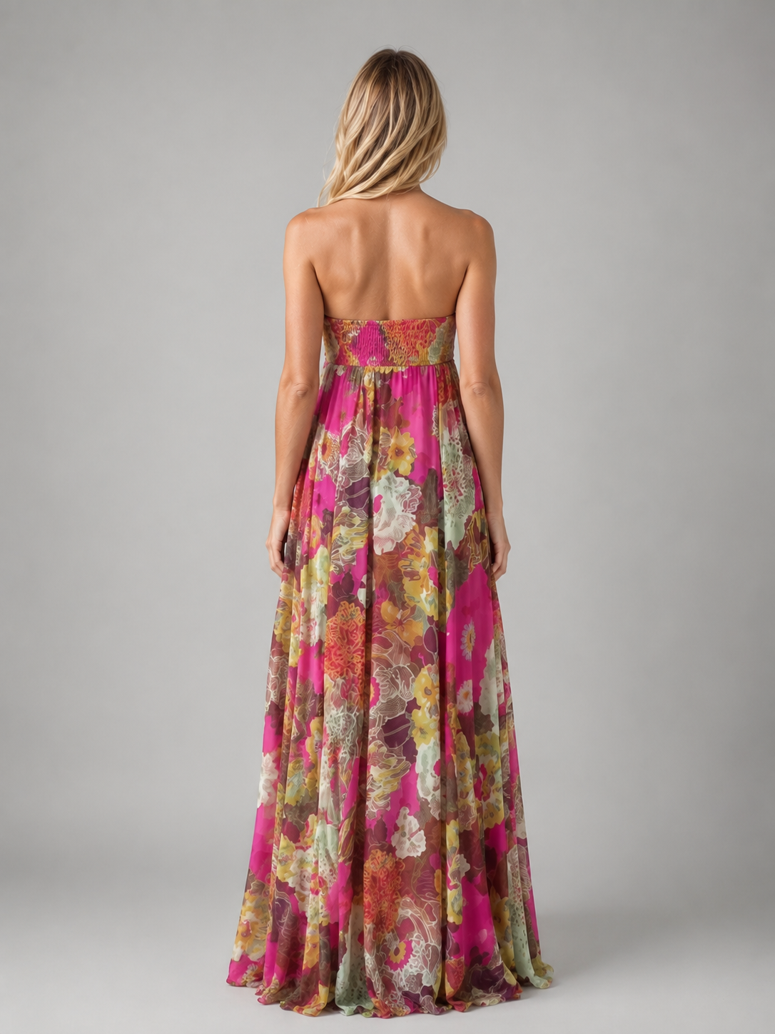 Women's Strapless Floral Maxi Dress – Flowing Smocked Bodice