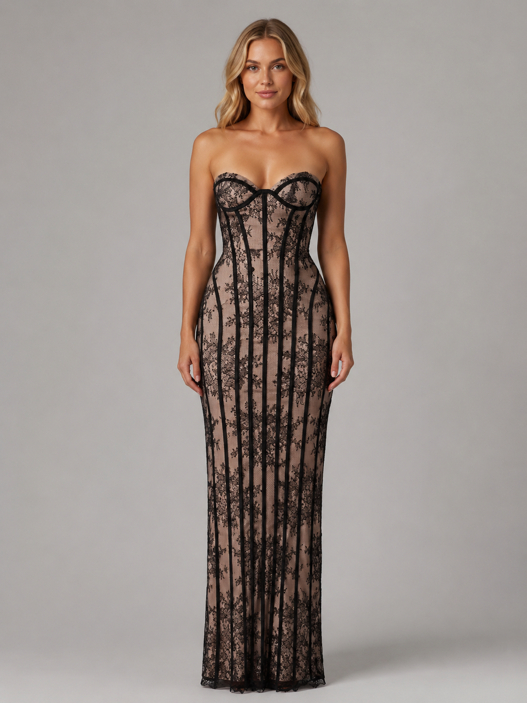 Women's Strapless Lace Corset Maxi Dress