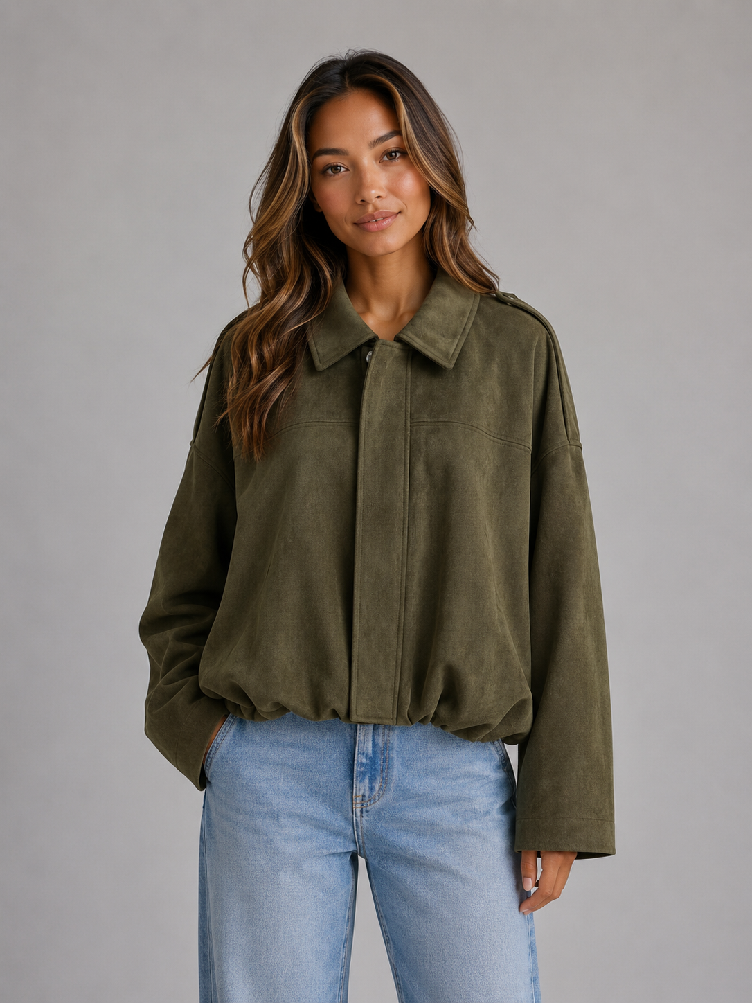 Women's Oversized Faux Suede Bomber Jacket