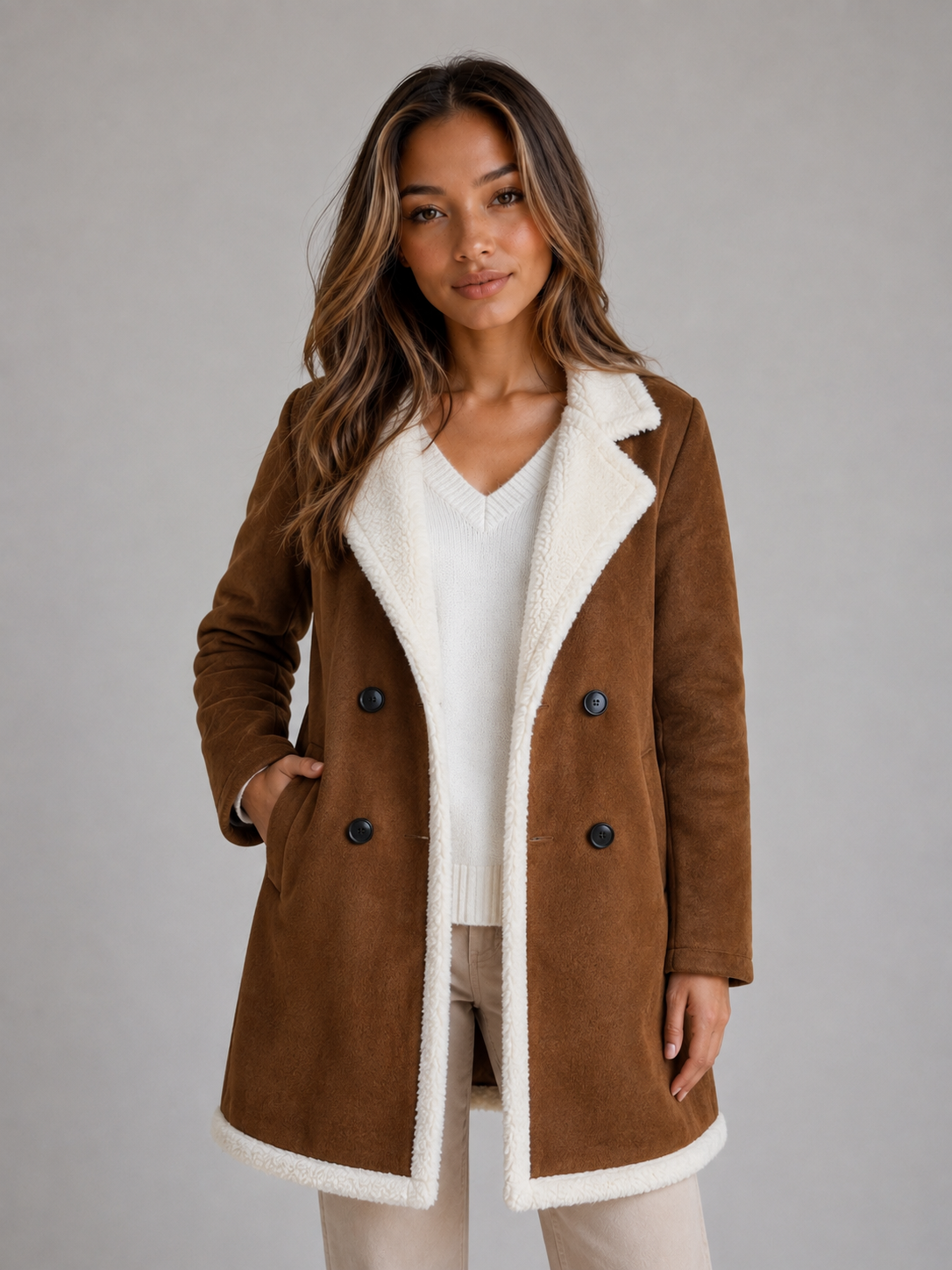 Women's Suede-Look Shearling Trim Coat
