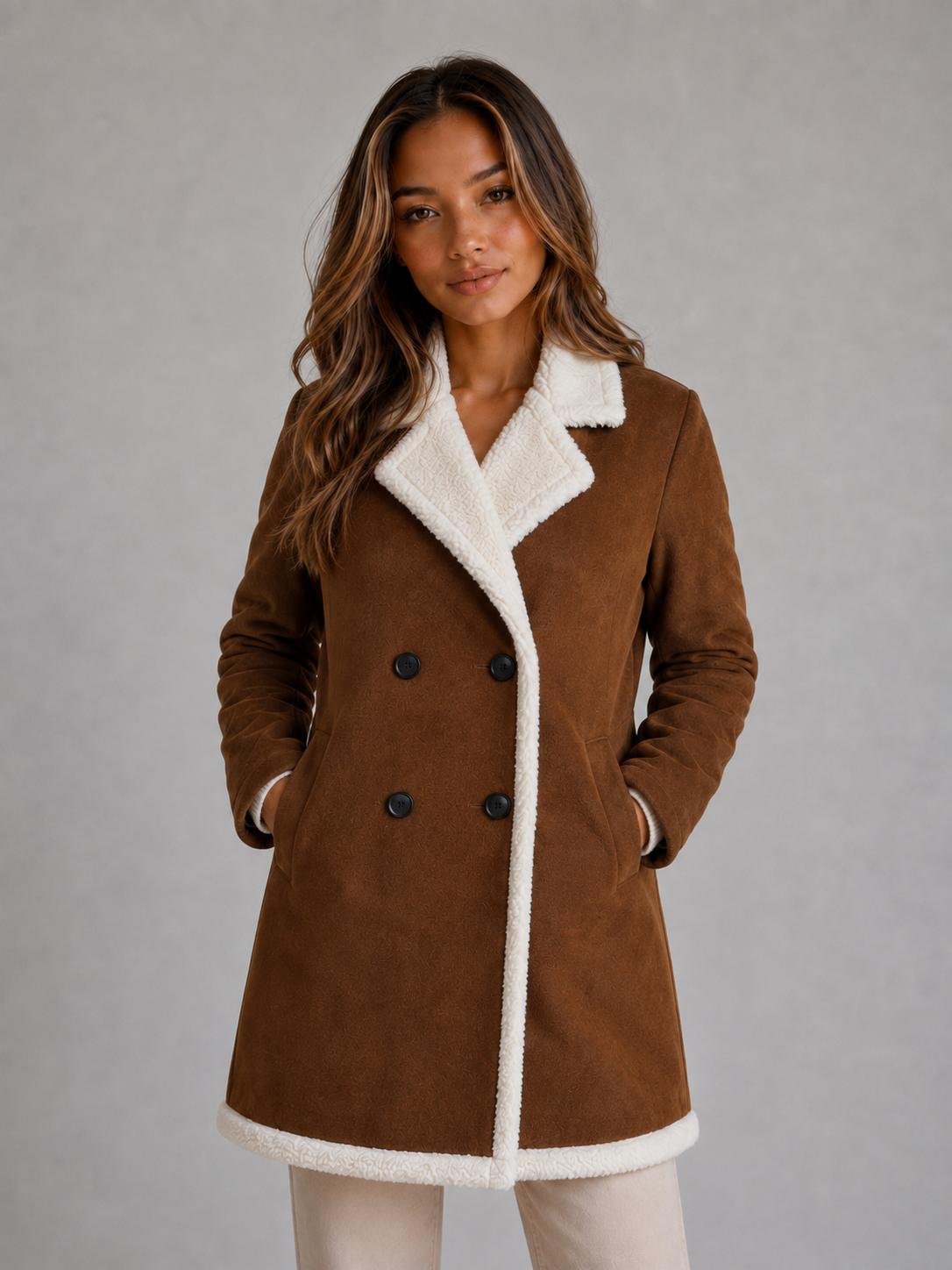 Women's Suede-Look Shearling Trim Coat