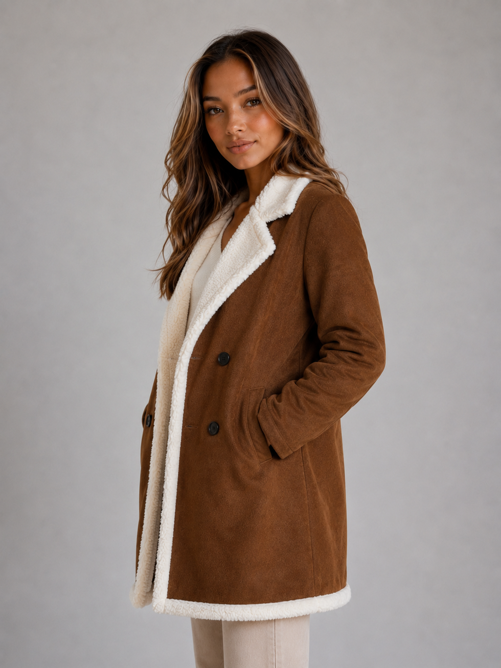 Women's Suede-Look Shearling Trim Coat