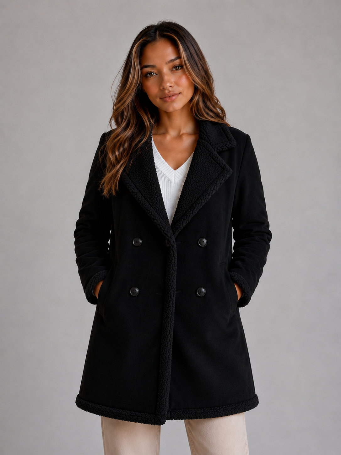 Women's Suede-Look Shearling Trim Coat