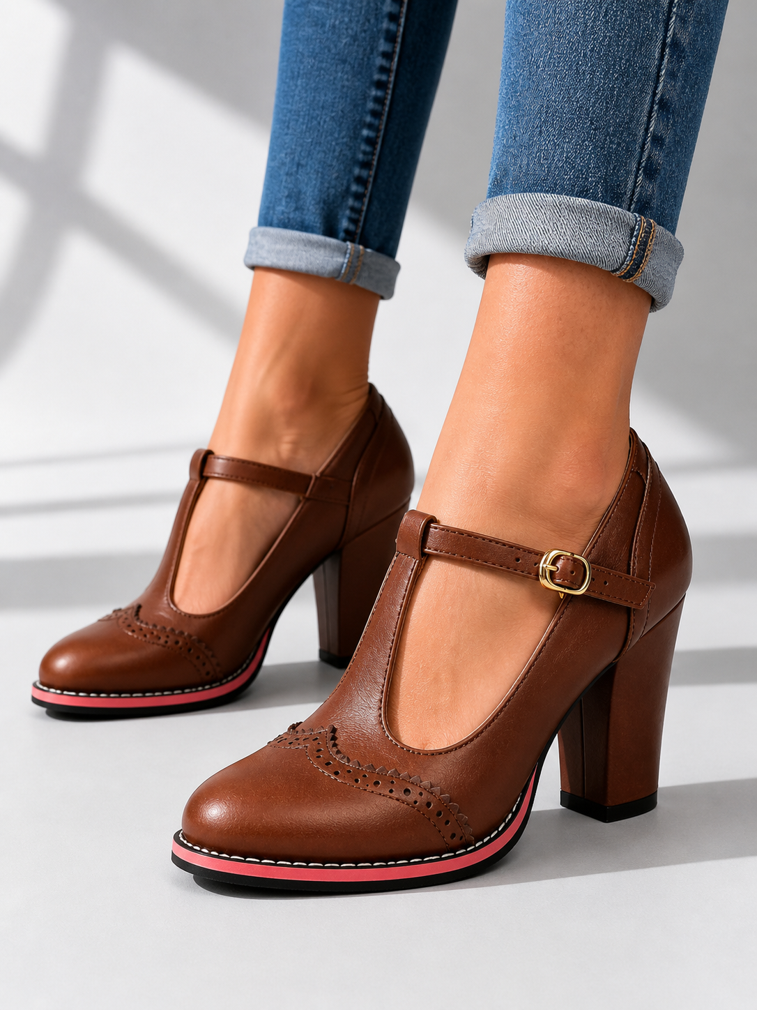 Women's T-Bar Brogue Shoes with Block Heel