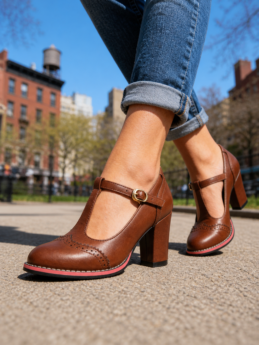 Women's T-Bar Brogue Shoes with Block Heel