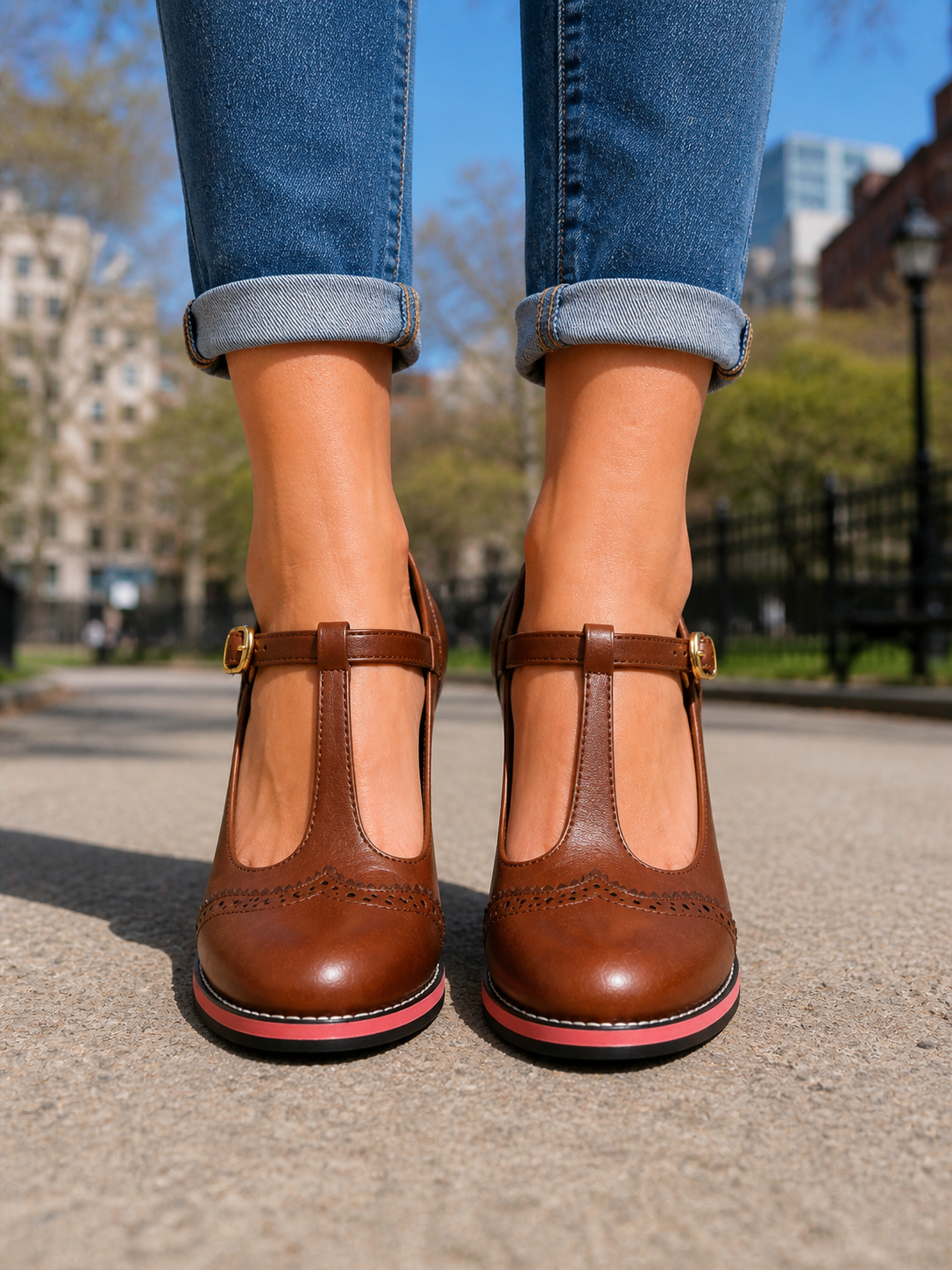 Women's T-Bar Brogue Shoes with Block Heel