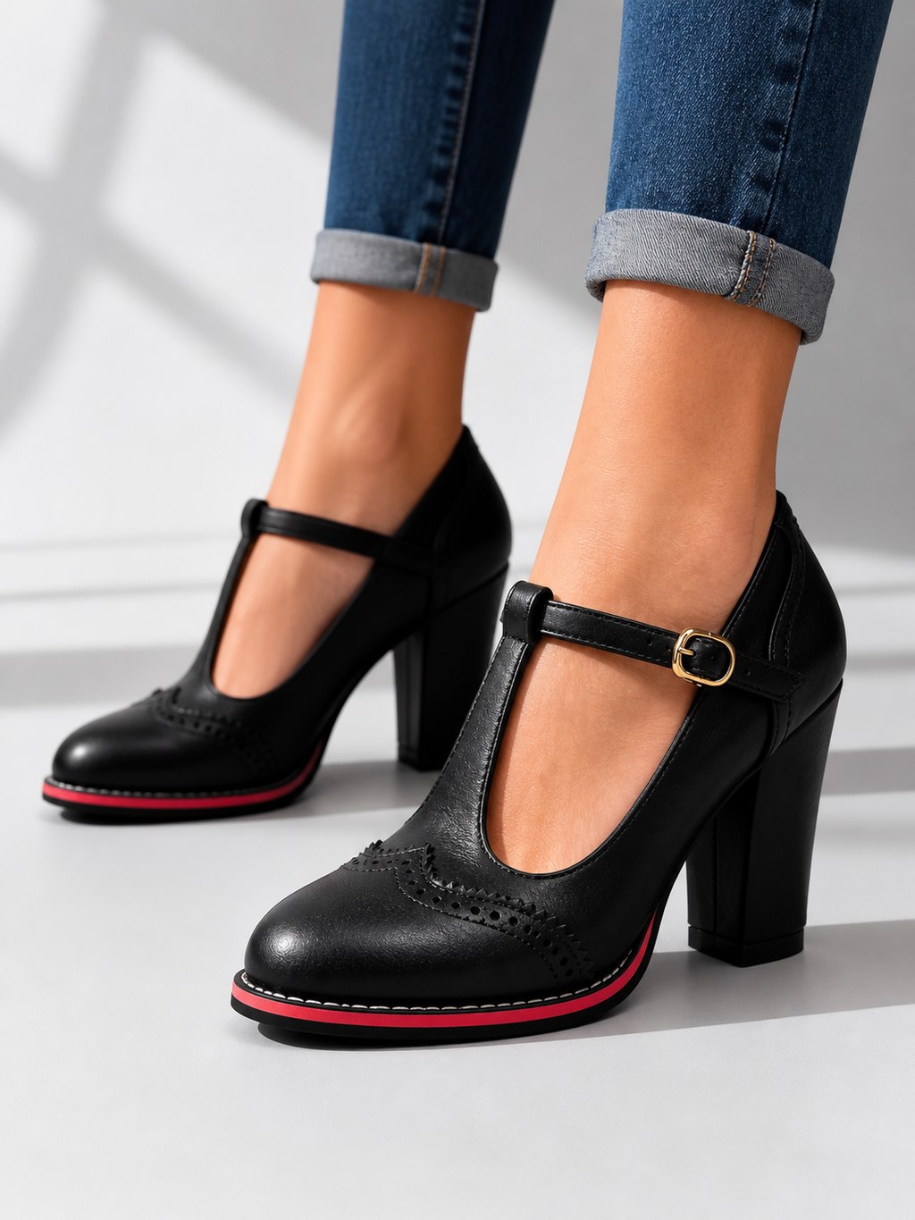 Women's T-Bar Brogue Shoes with Block Heel