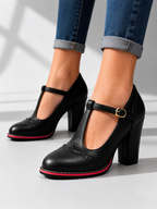 Women's T-Bar Brogue Shoes with Block Heel