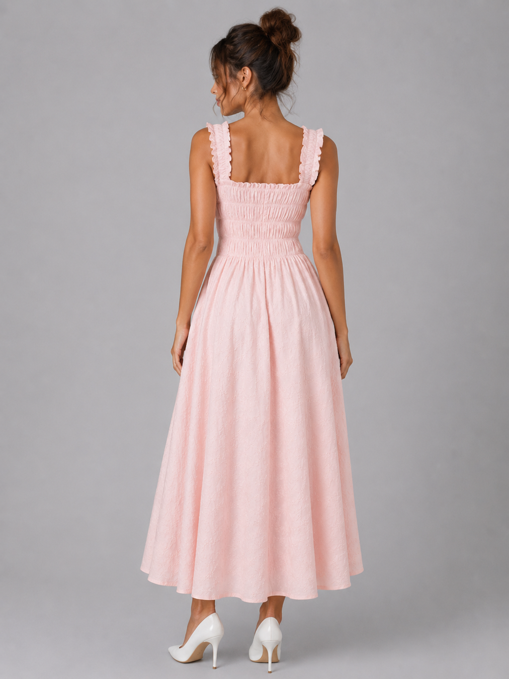 Women's Textured Floral Midi Dress with Shirred Waist