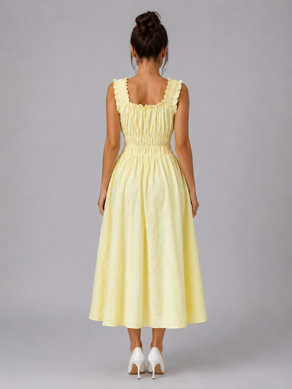 Women's Textured Floral Midi Dress with Shirred Waist