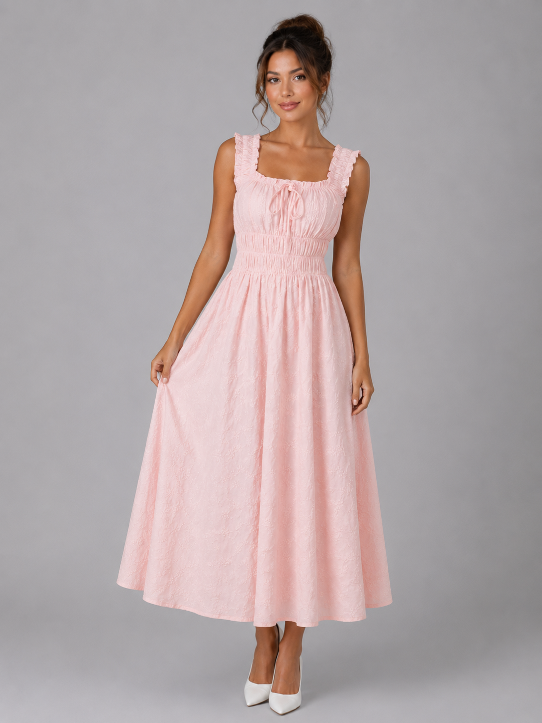Women's Textured Floral Midi Dress with Shirred Waist