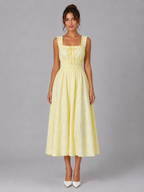 Women's Textured Floral Midi Dress with Shirred Waist