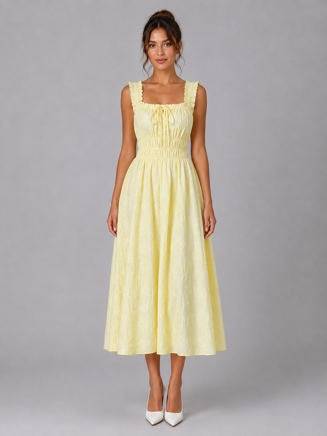 Women's Textured Floral Midi Dress with Shirred Waist