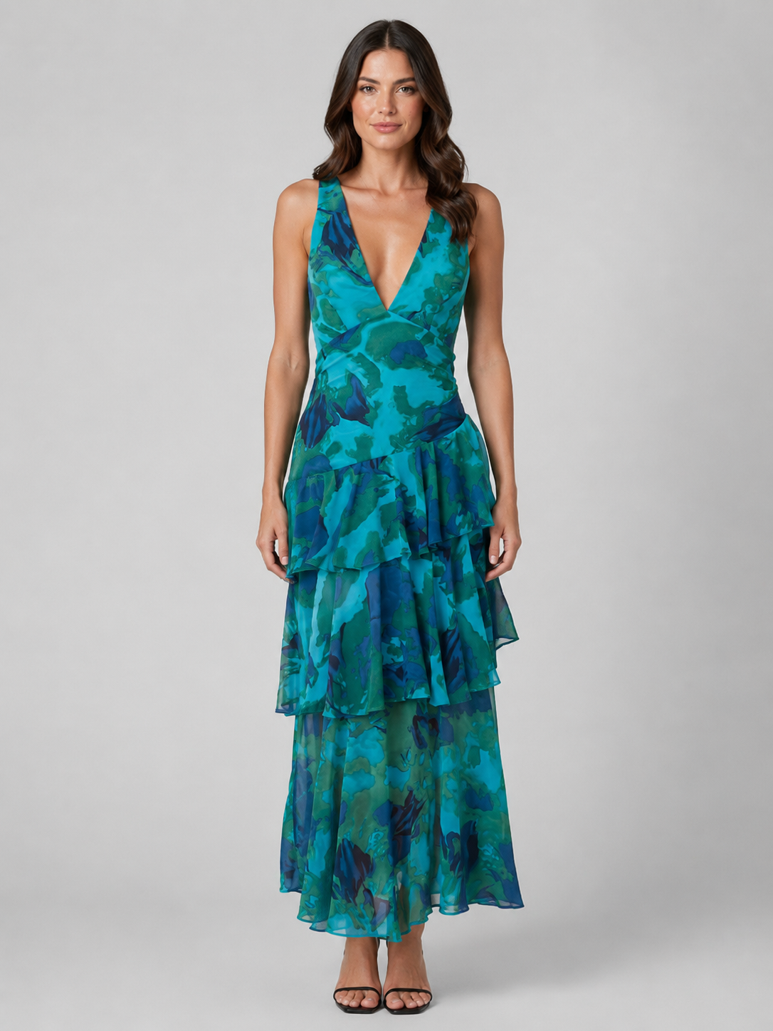 Women's Tiered Ruffle V-Neck Maxi Dress