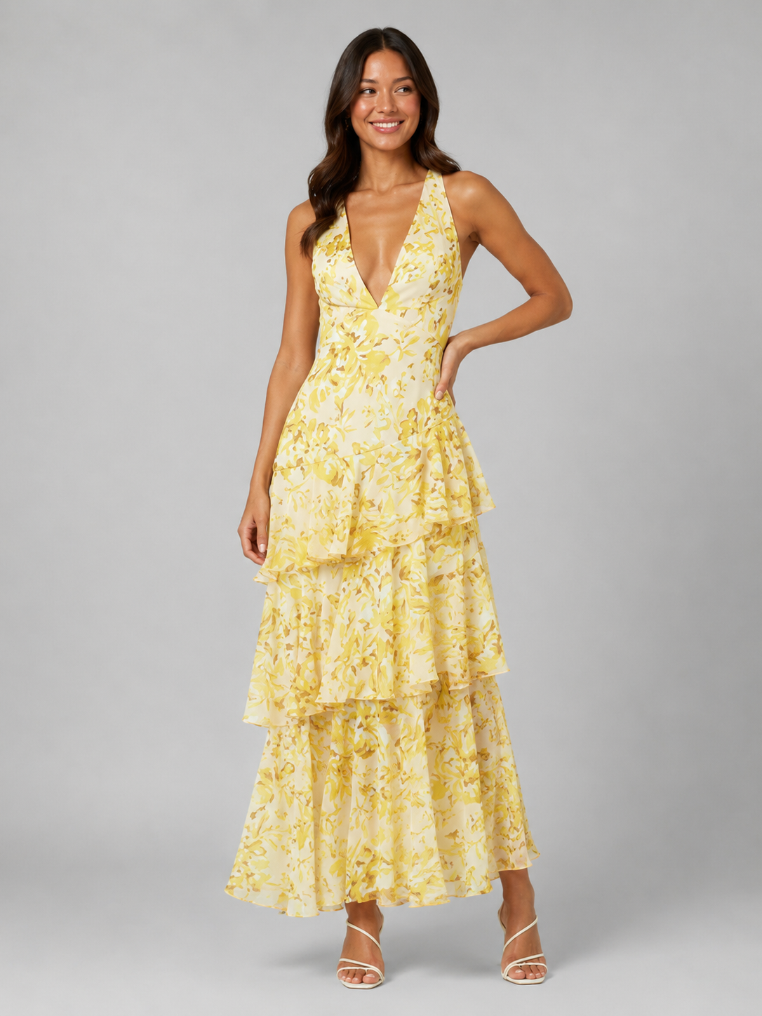 Women's Tiered Ruffle V-Neck Maxi Dress