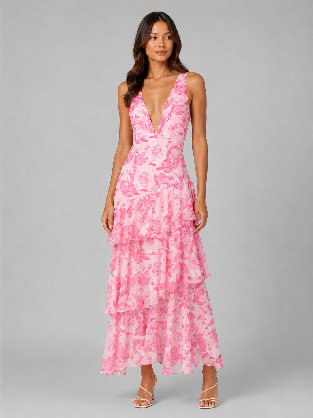 Women's Tiered Ruffle V-Neck Maxi Dress