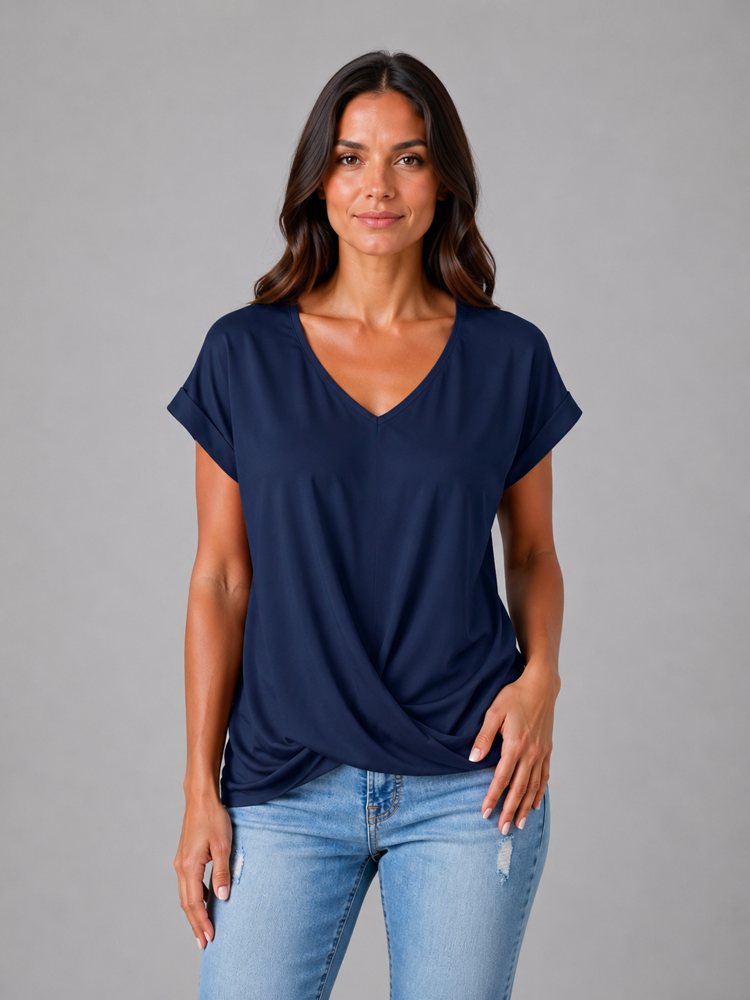 Women's Draped V-Neck T-Shirt with Twist Hem
