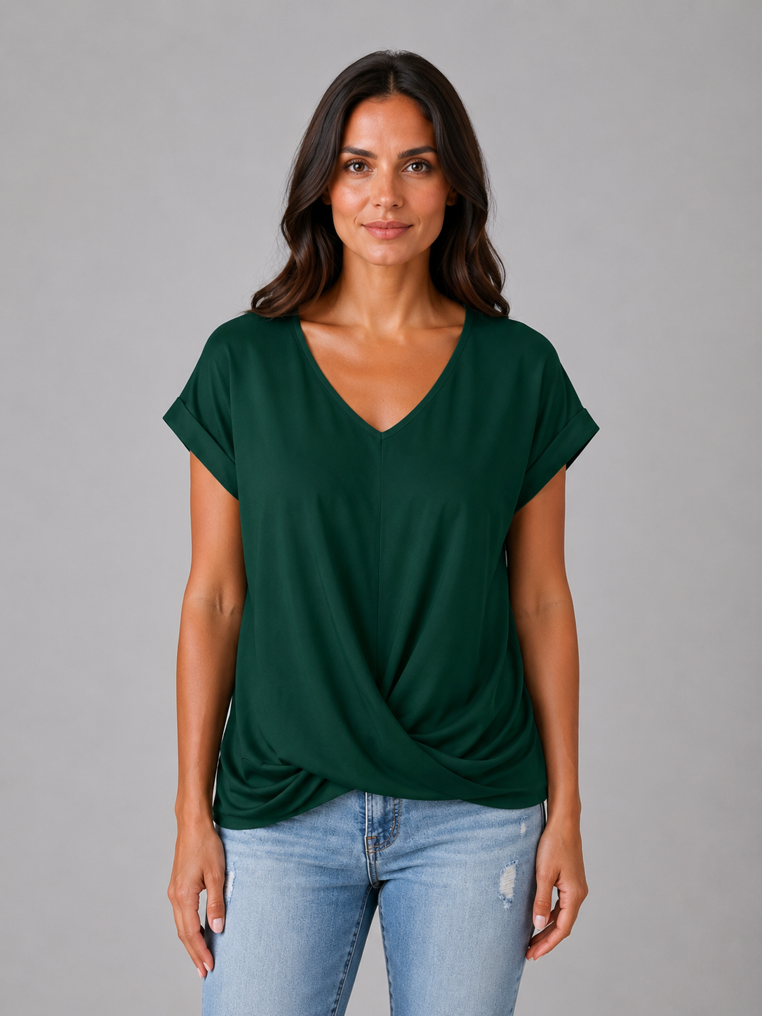 Women's Draped V-Neck T-Shirt with Twist Hem