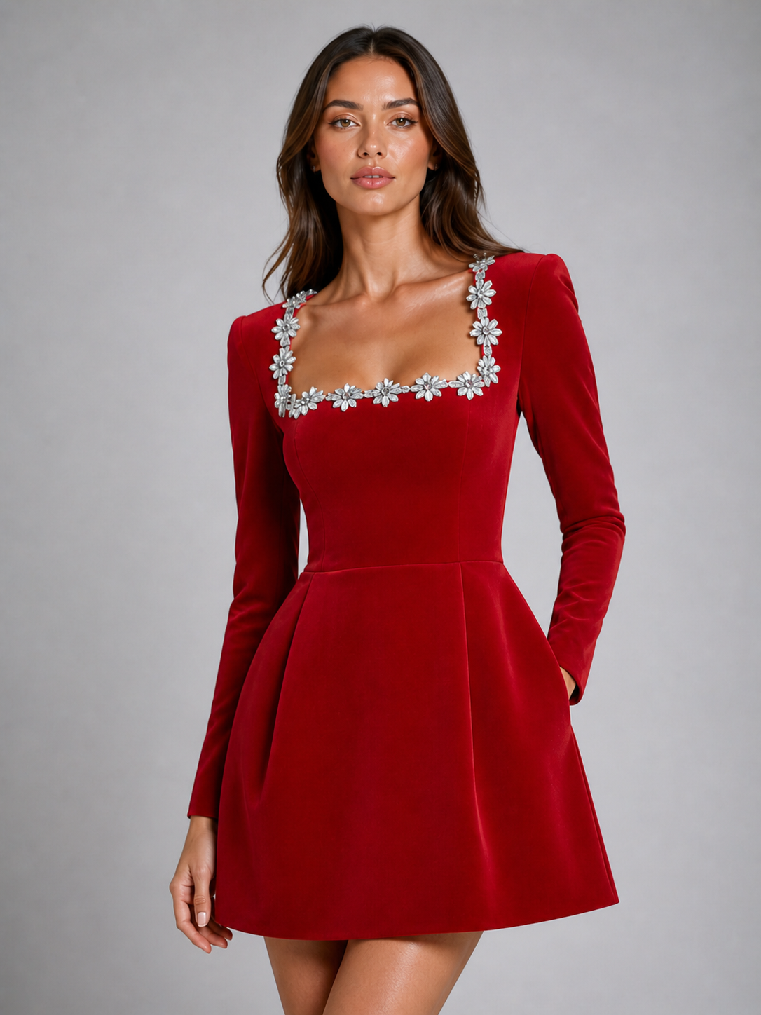 Women's Velvet Mini Dress with Crystal Neckline